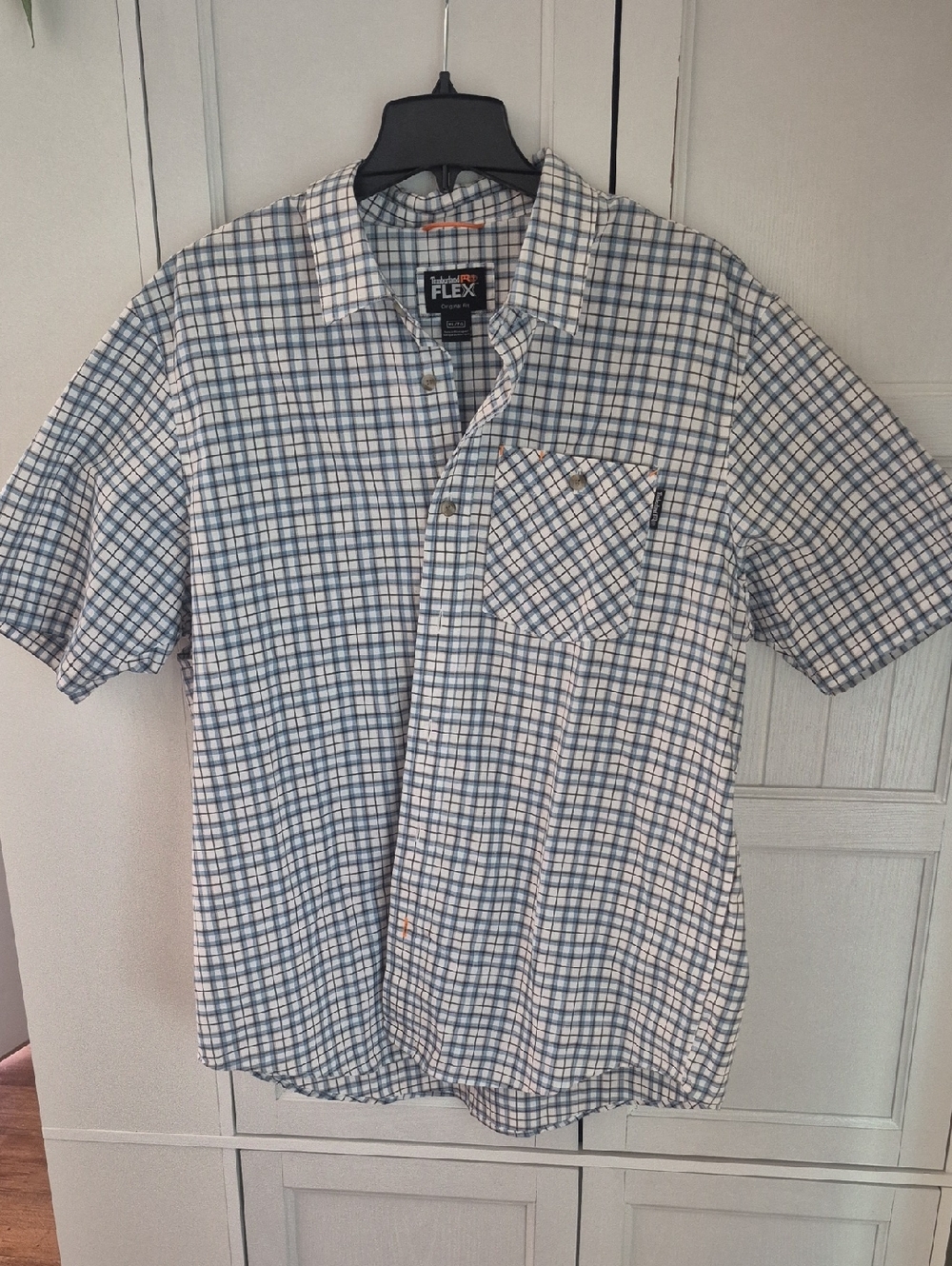 Timberland White and Blue Plaid Short Sleeve Button-Down